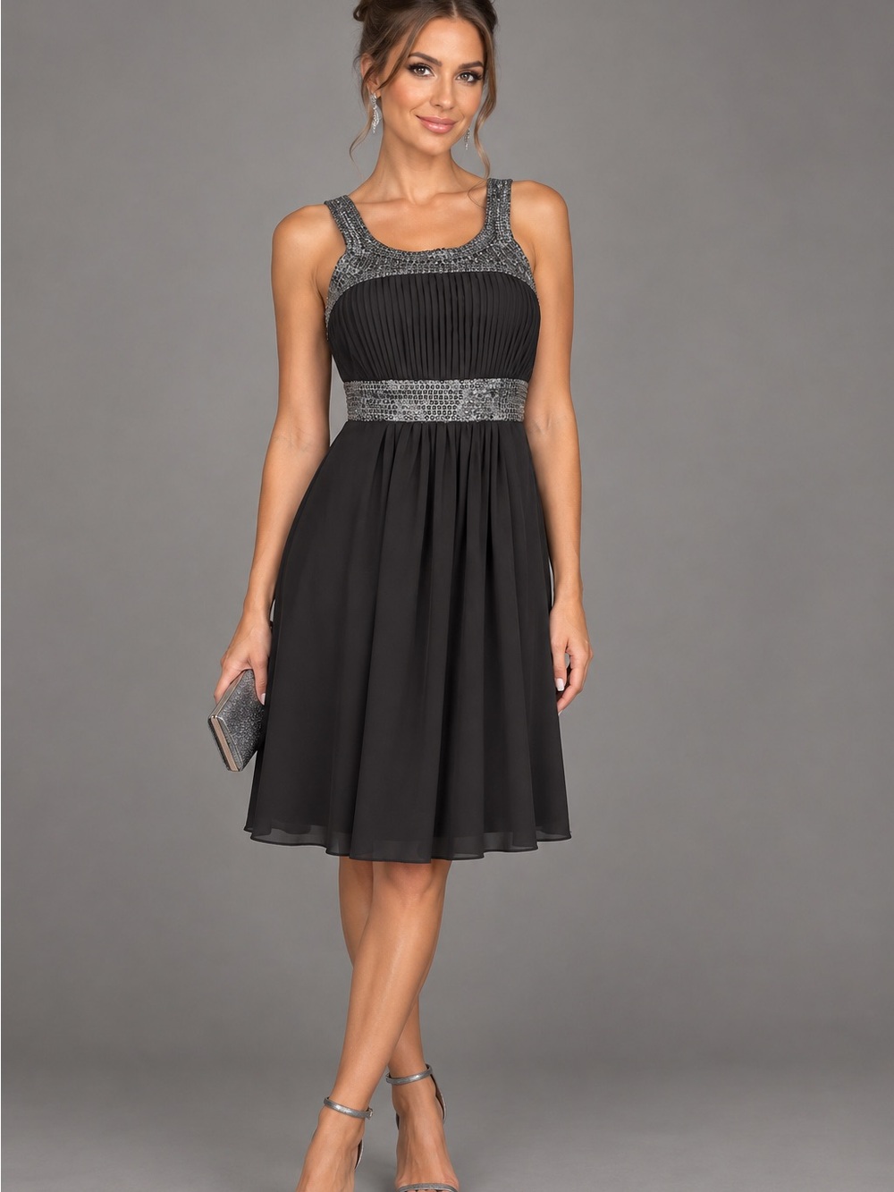 Elegant Black Beaded Waist Cocktail Dress By Costa Blanca Size XS NWOT
